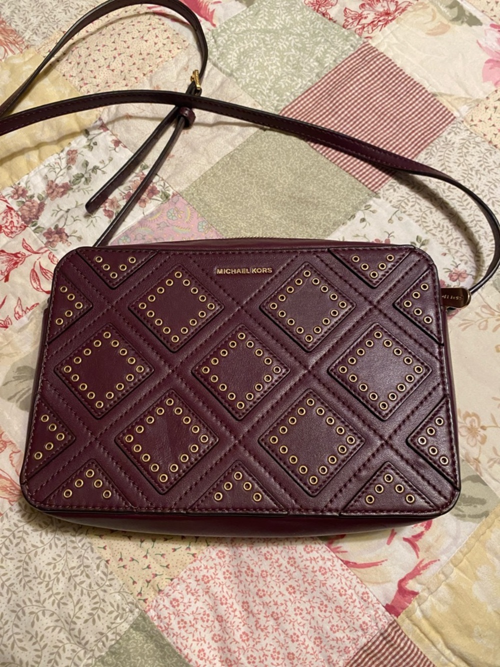 Michael Kors Eggplant Quilted Crossbody with Gold Grommet Detail